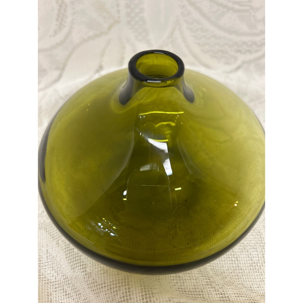 Empoli Italian Squat Bud Vase MCM Olive Green Hand Blown Glass Vintage - Picture 2 of 6